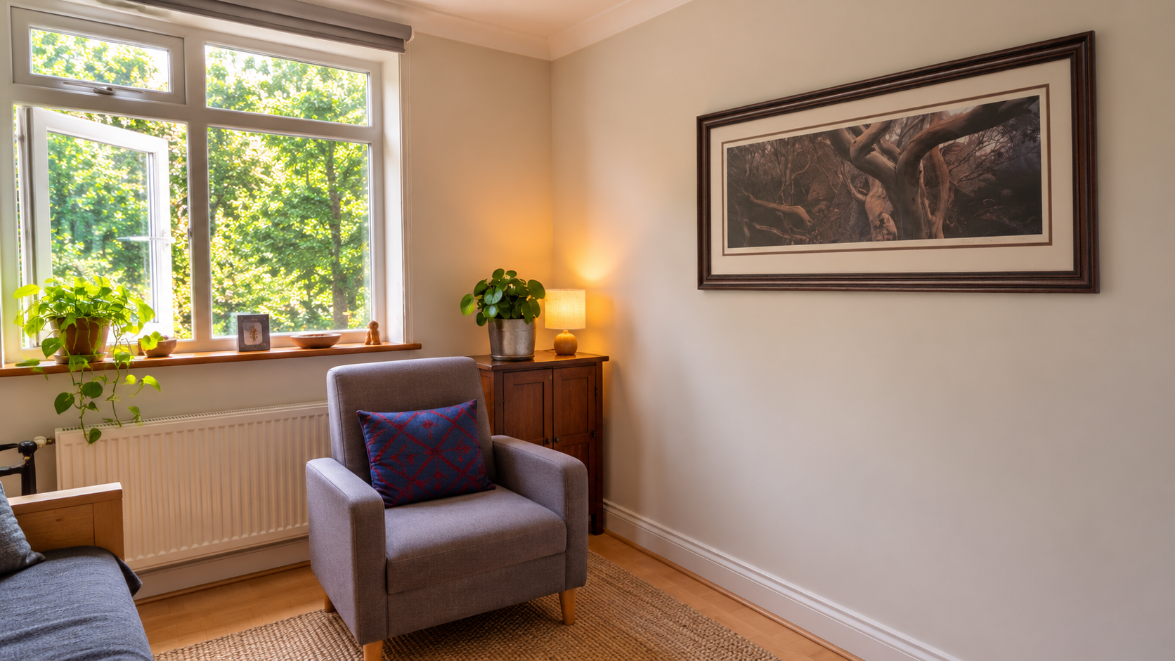 Therapy room at Rachel Watkins Psychotherapy in Heaton Moor, Stockport